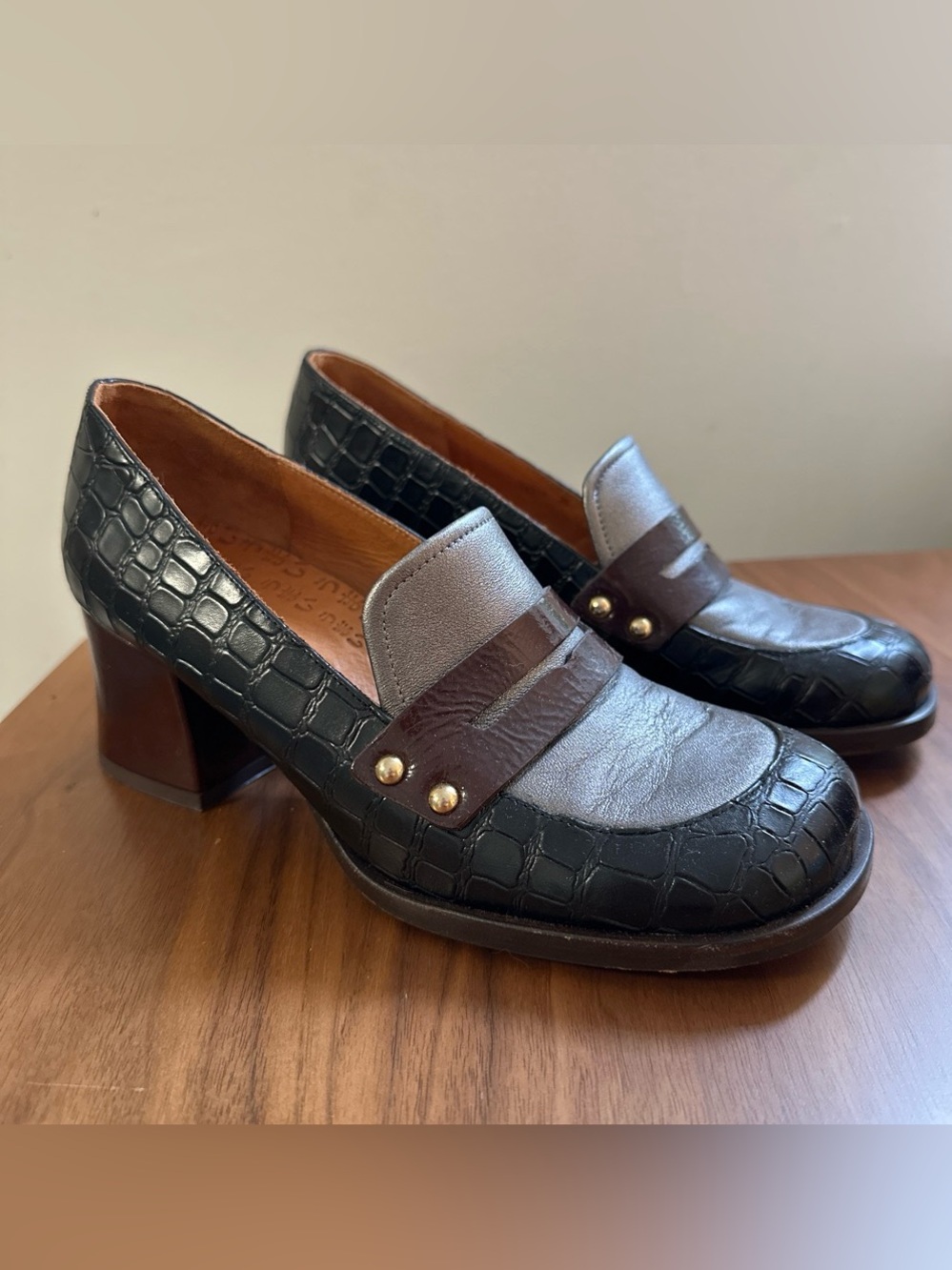 Black Croc-Embossed Leather Loafers with Brown Strap Detail